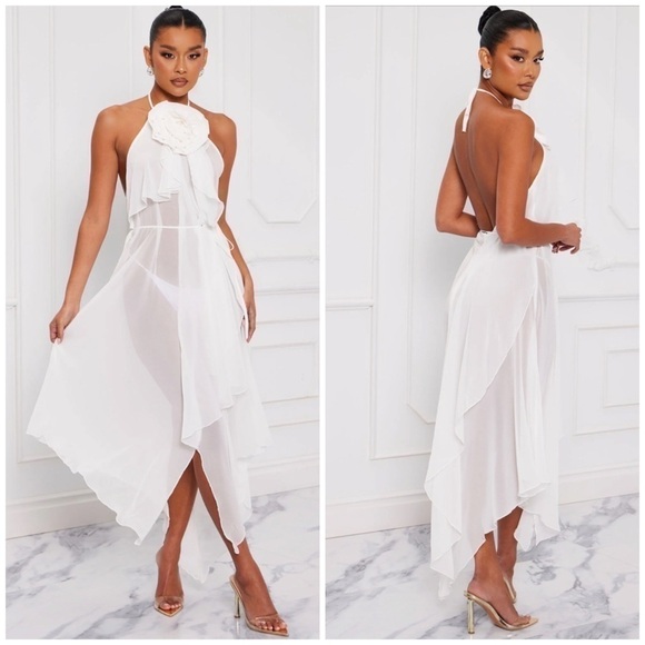 Fashion Nova Cream Sheer Halter Neck Rana 3D Rose Asymmetric Maxi Dress Sz Large - Picture 2 of 6